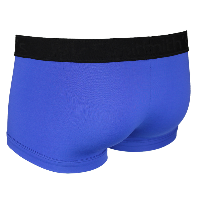 back view of blue boxer trunks with a black waistband on a white background