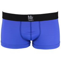 Blue boxer trunks with a black waistband on a white background