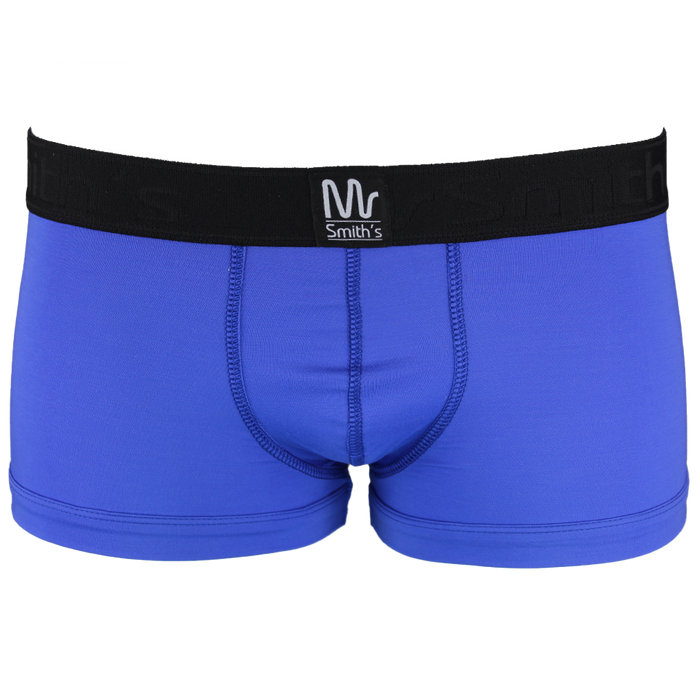 Blue boxer trunks with a black waistband on a white background