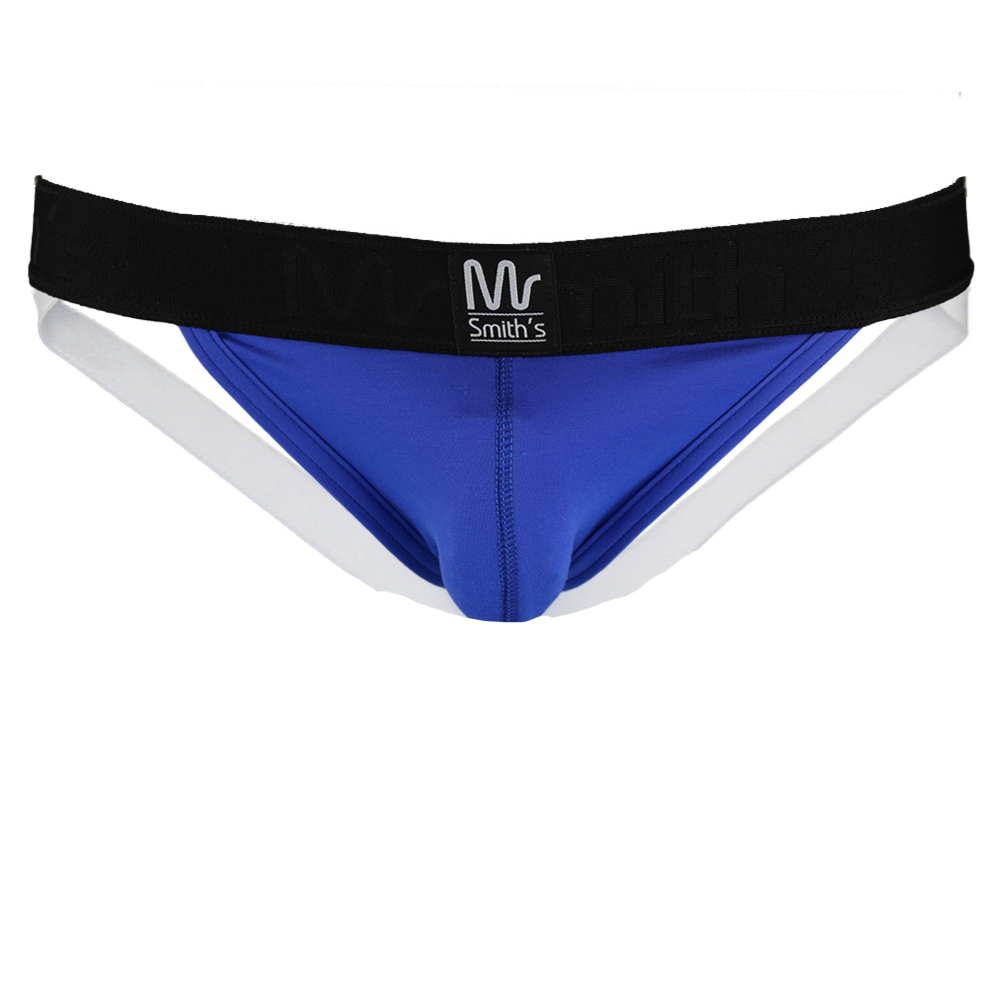 Blue jock strap with branding on the waist band