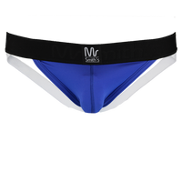 Blue jock strap with branding on the waist band