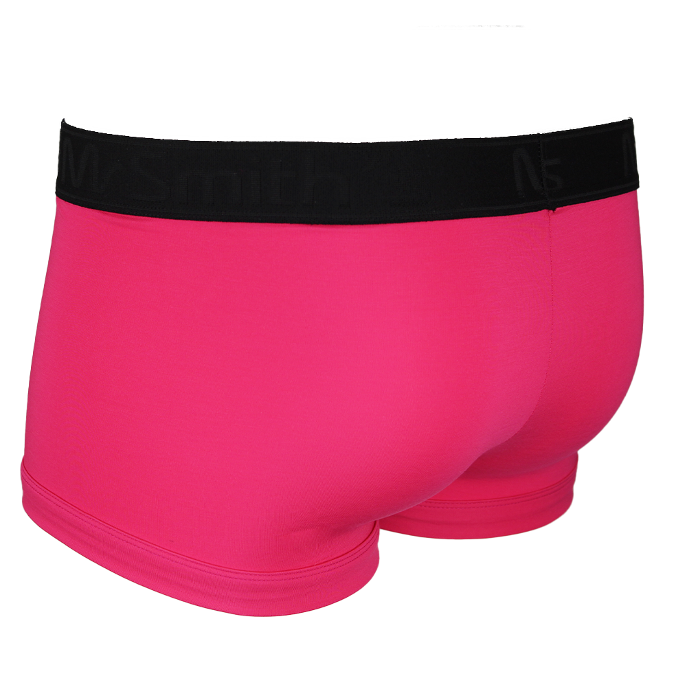 Back view of pink boxer trunks with a black waistband on a white background