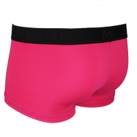 Back view of pink boxer trunks with a black waistband on a white background