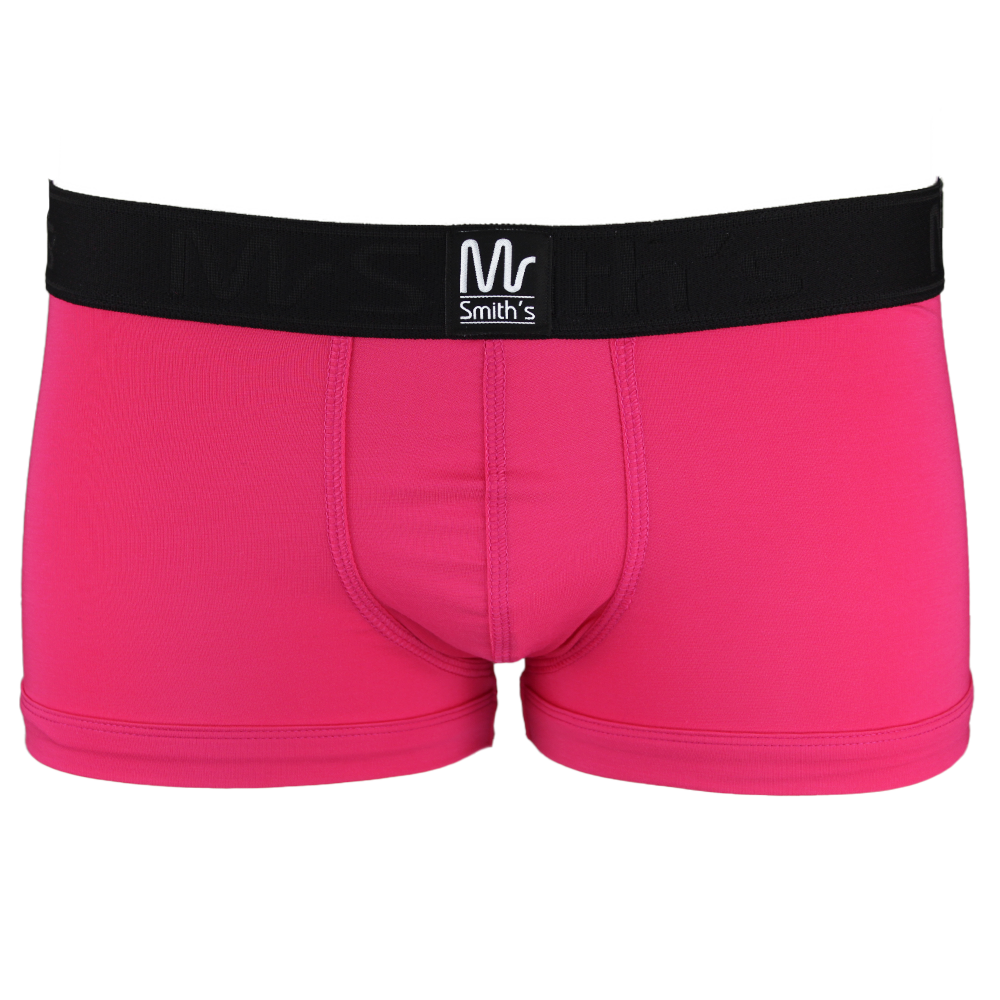 Pink boxer trunks with a black waistband on a white background