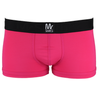 Pink boxer trunks with a black waistband on a white background