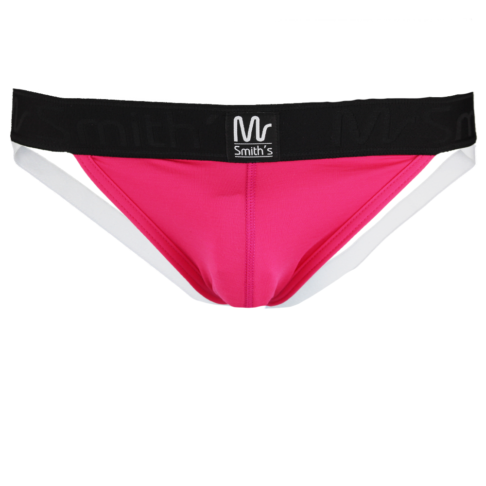 Pink men's underwear with black waistband on a white background
