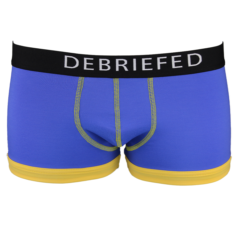 Blue boxer trunk with a black 'DEBRIEFED' waistband on a white background