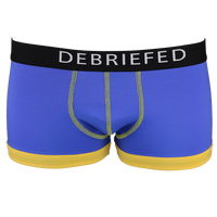 Blue boxer trunk with a black 'DEBRIEFED' waistband on a white background