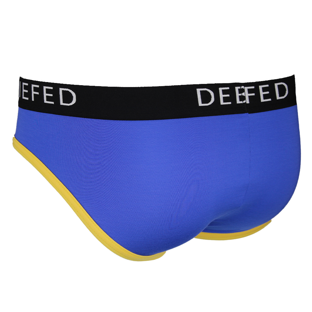 Blue men's underwear with black waistband featuring 'Debriefed' brand on a white background