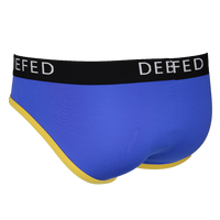 Blue men's underwear with black waistband featuring 'Debriefed' brand on a white background