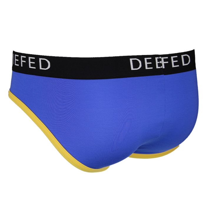 Blue men's underwear with black waistband featuring 'Debriefed' brand on a white background