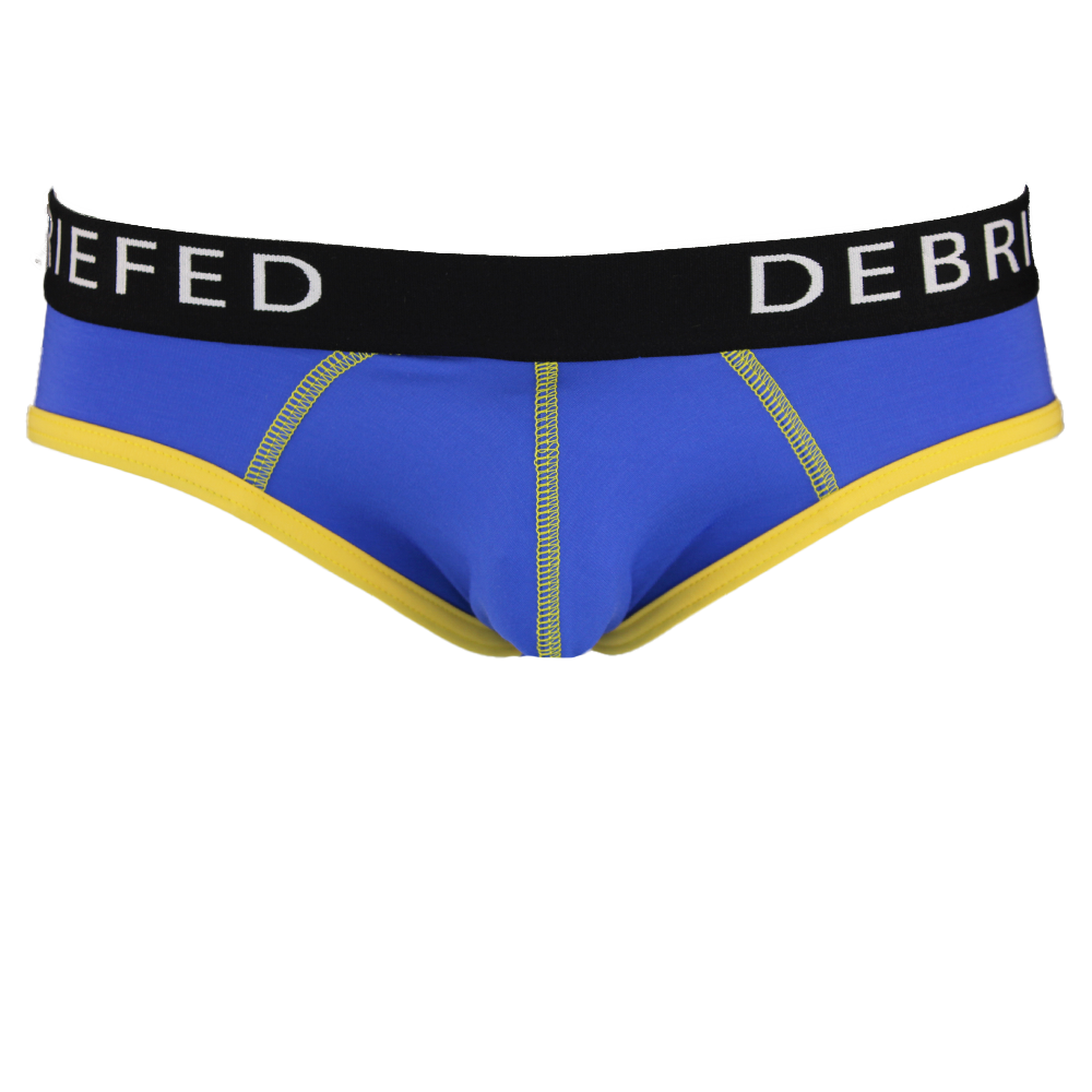 Blue with yellow trim men's brief with debriefed branded waistband.