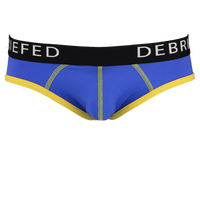 Blue with yellow trim men's brief with debriefed branded waistband.