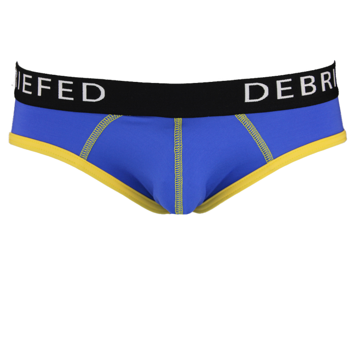 Blue with yellow trim men's brief with debriefed branded waistband.