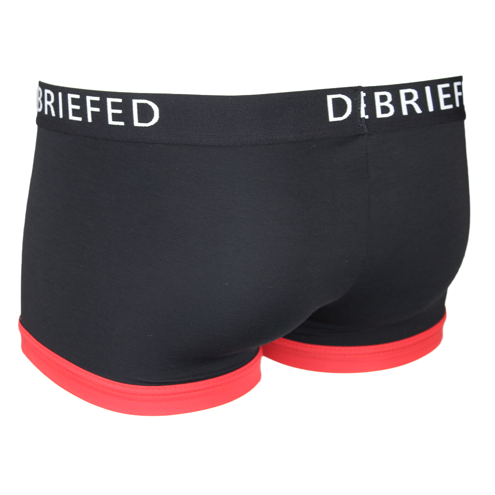 Rear view of black boxer trunk with red trim and branded waistband