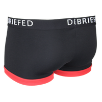 Rear view of black boxer trunk with red trim and branded waistband