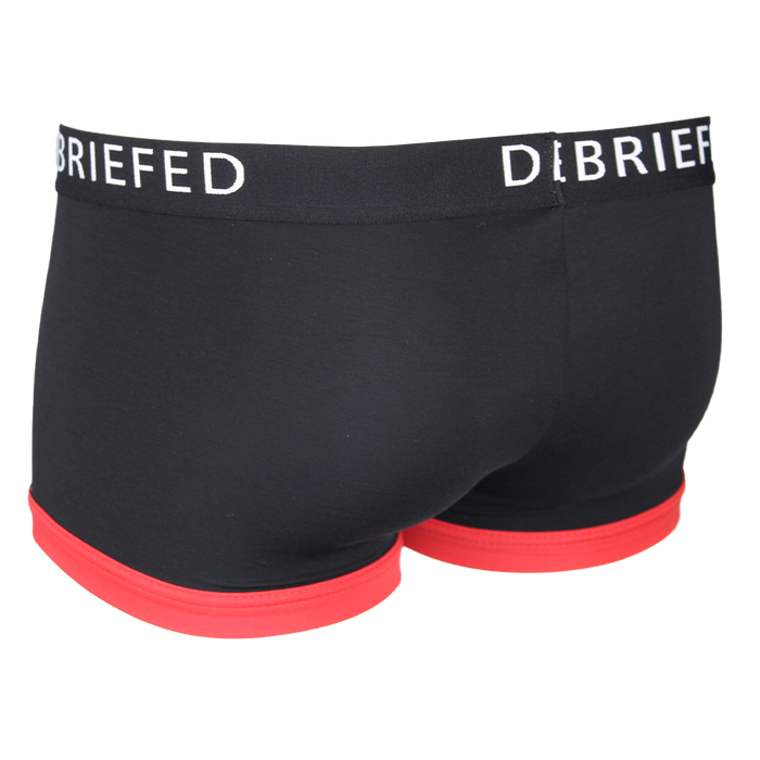 Rear view of black boxer trunk with red trim and branded waistband