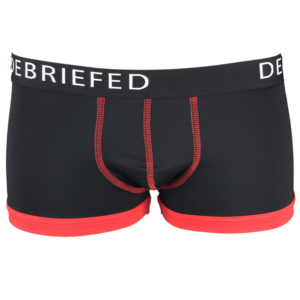 Black boxer trunk with red accents and 'DEBRIEFED' waistband on a white background