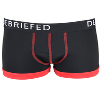Black boxer trunk with red accents and 'DEBRIEFED' waistband on a white background