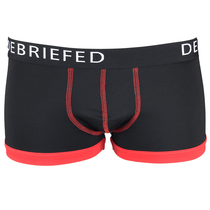 Black boxer trunk with red accents and 'DEBRIEFED' waistband on a white background