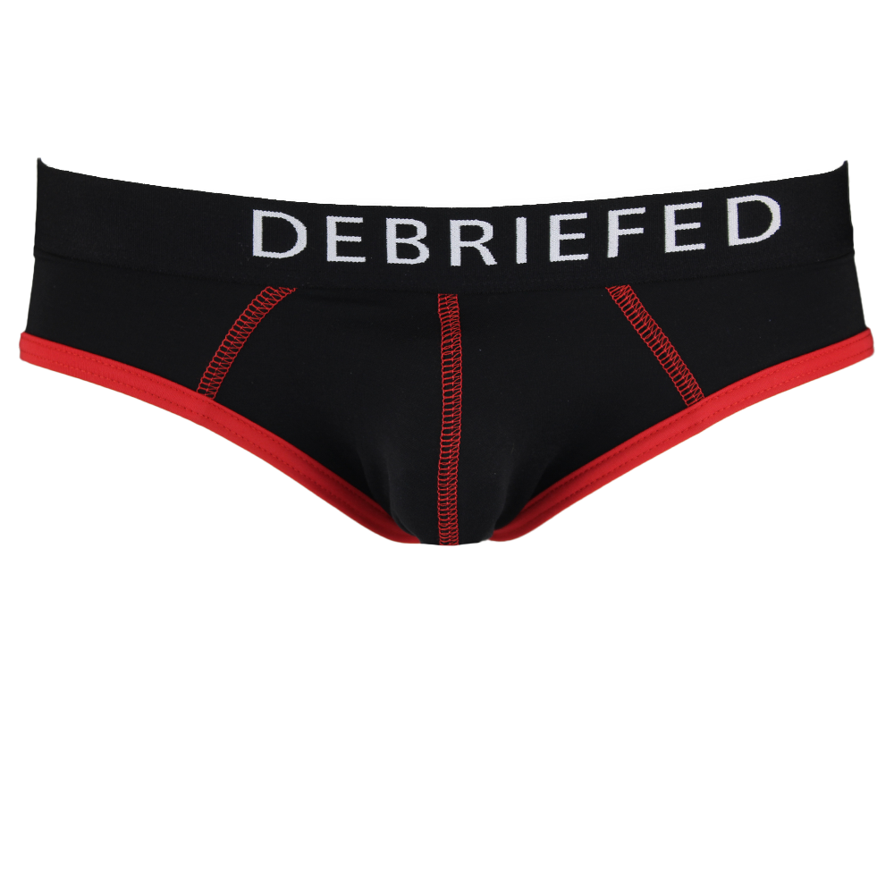 Black underwear with red accents and 'DEBRIEFED' text on a white background