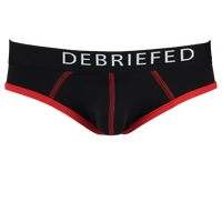 Black underwear with red accents and 'DEBRIEFED' text on a white background
