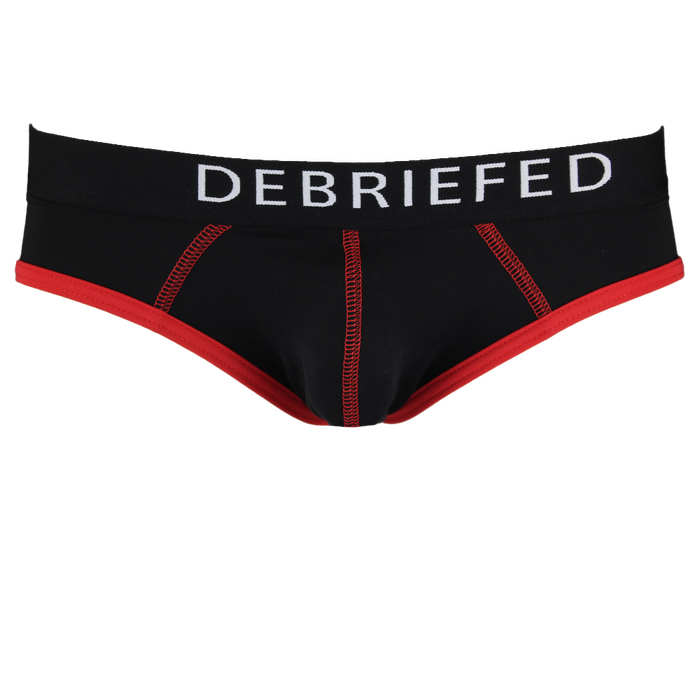 Black underwear with red accents and 'DEBRIEFED' text on a white background