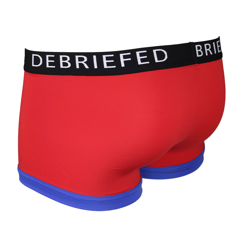 back view of red boxer trunks with blue trim