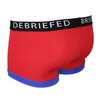 back view of red boxer trunks with blue trim