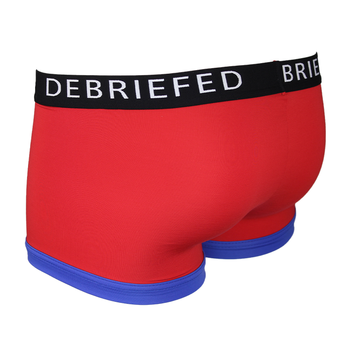 back view of red boxer trunks with blue trim