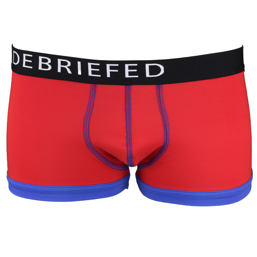 Red boxer trunk with a black waistband and blue trim on a white background