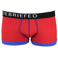 Red boxer trunk with a black waistband and blue trim on a white background
