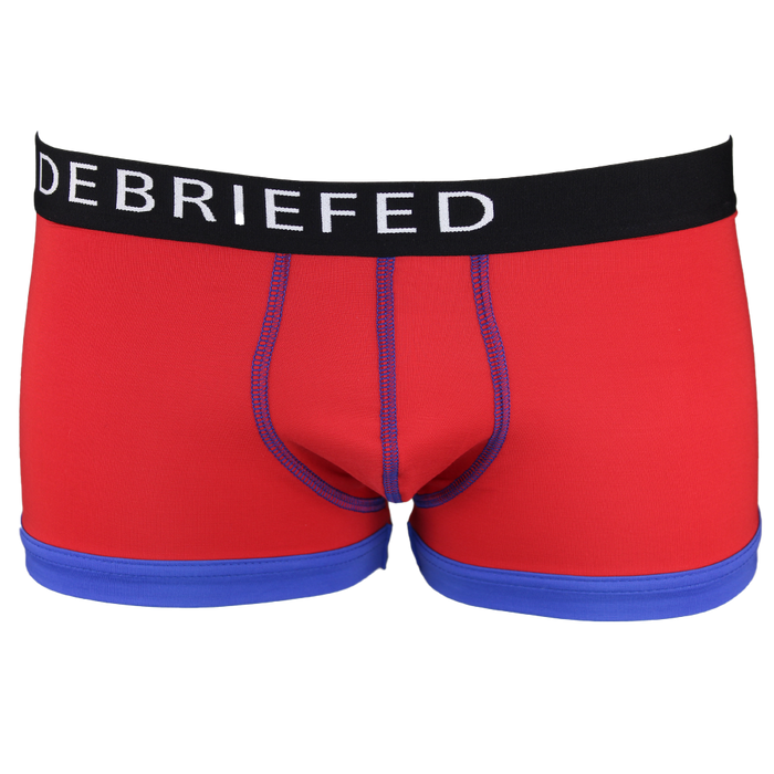 Red boxer trunk with a black waistband and blue trim on a white background