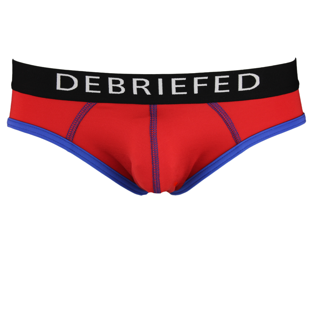 Red underwear with black waistband displaying 'DEBRIEFED' on a white background