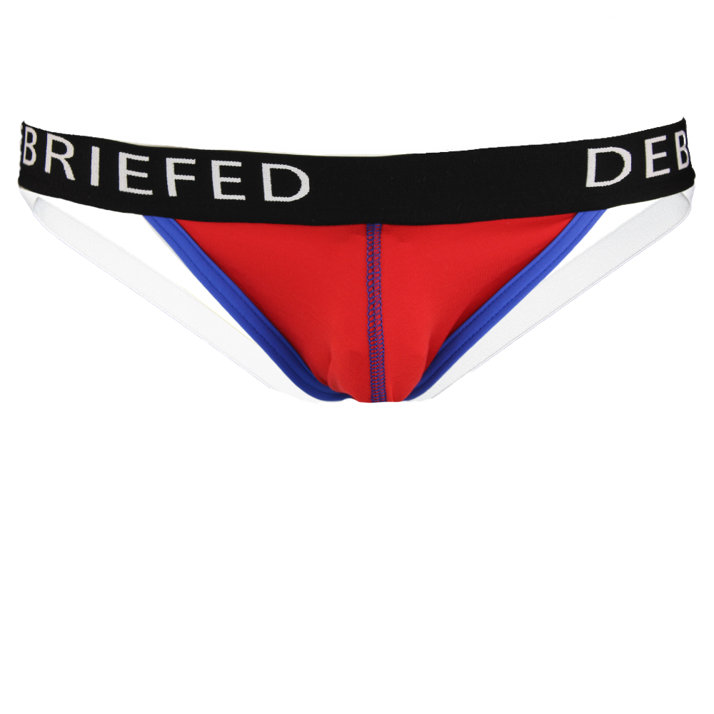 Red and blue men's underwear with black waistband on a white background