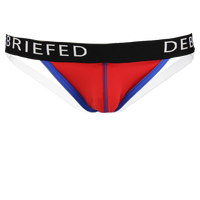 Red and blue men's underwear with black waistband on a white background