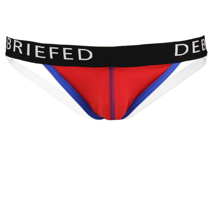 Red and blue men's underwear with black waistband on a white background
