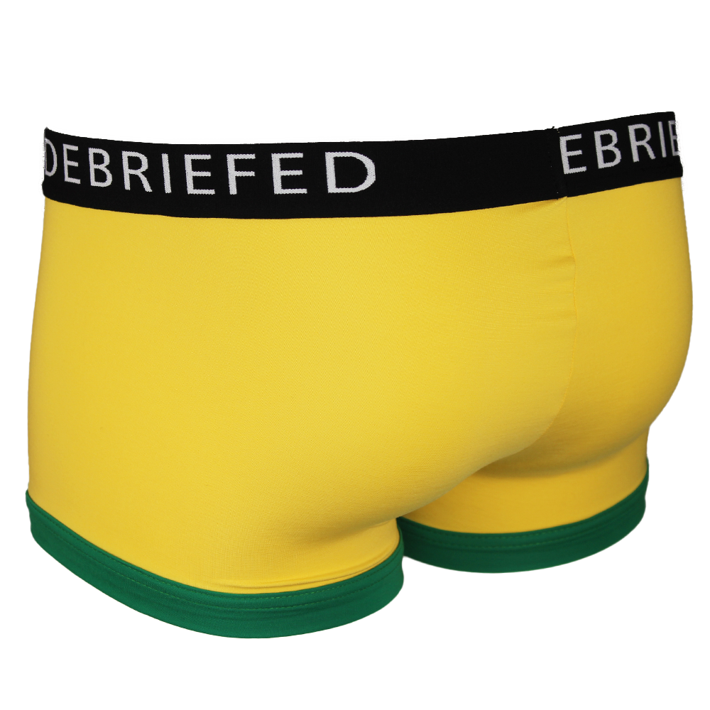 back view of yellow boxer trunks with branded waistband and green trim