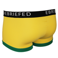 back view of yellow boxer trunks with branded waistband and green trim