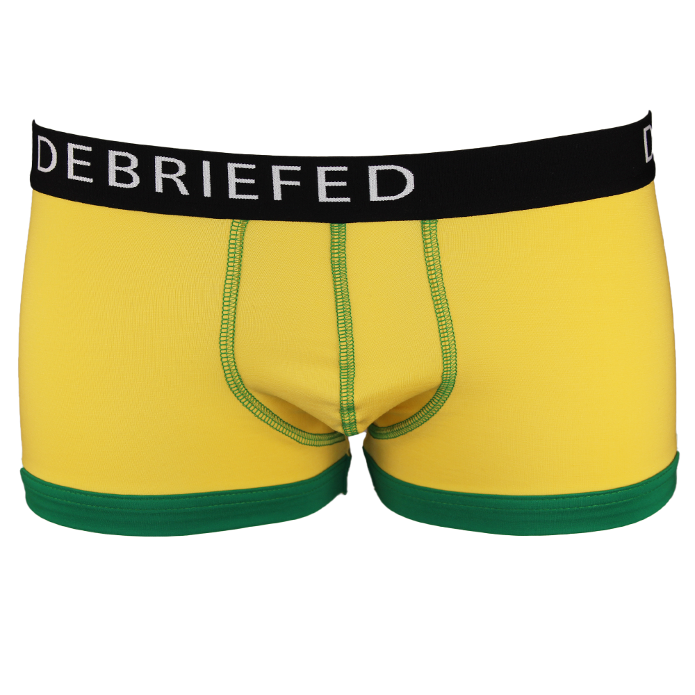 Yellow boxer trunks with branded waistband and green trim