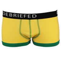 Yellow boxer trunks with branded waistband and green trim