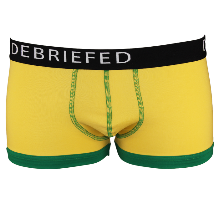 Yellow boxer trunks with branded waistband and green trim