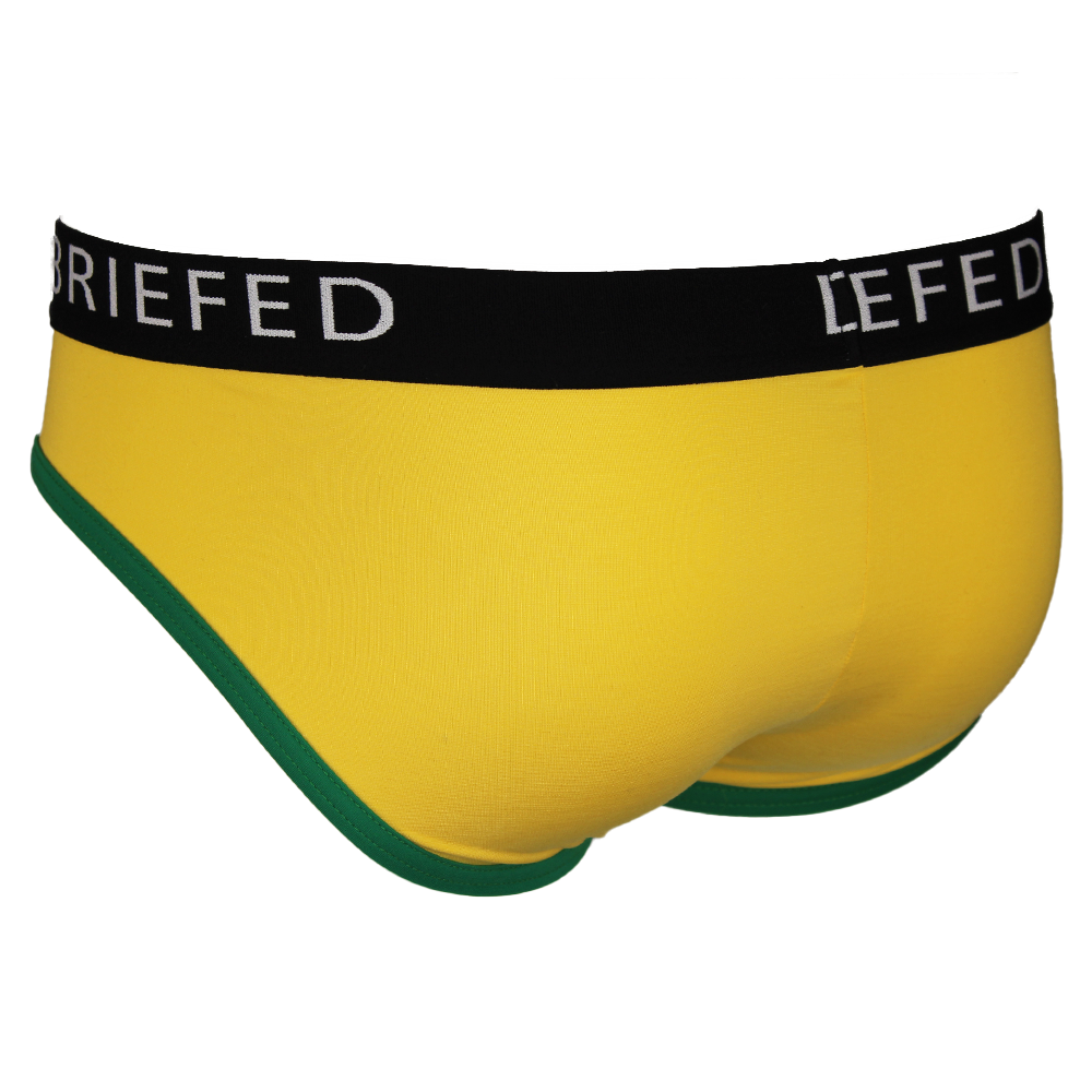 Yellow men's underwear with black waistband and green trim on a white background