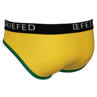 Yellow men's underwear with black waistband and green trim on a white background