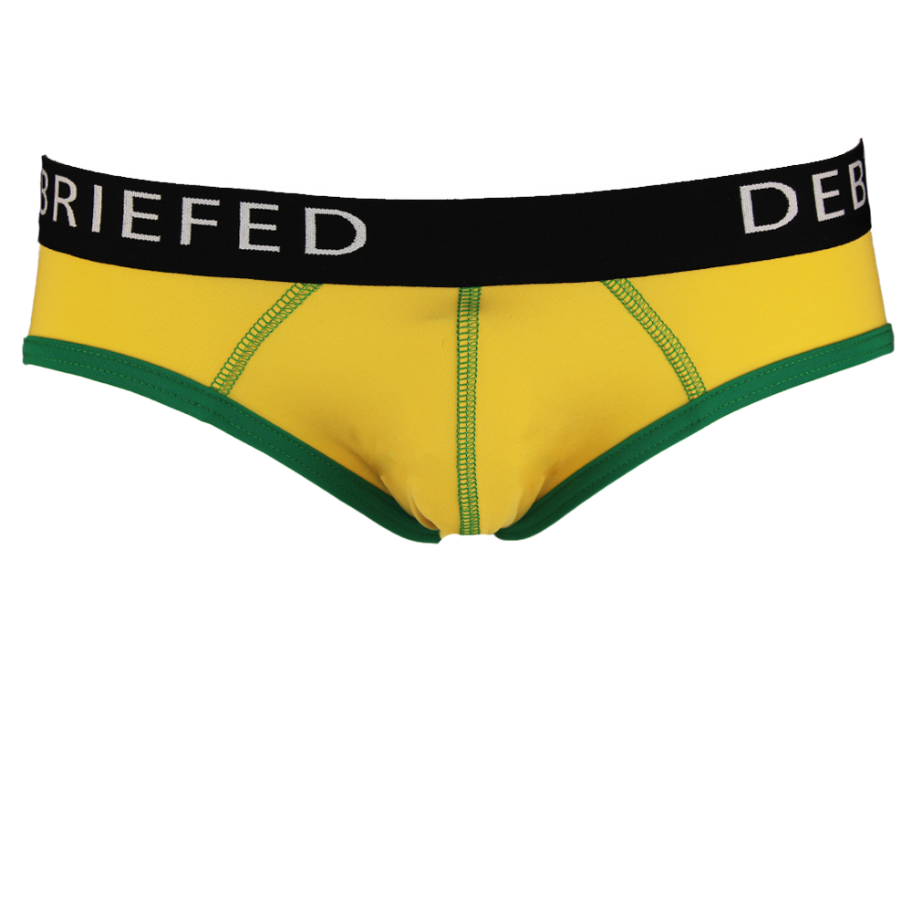 Yellow underwear with black waistband and green trim on a white background