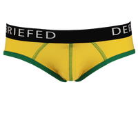 Yellow underwear with black waistband and green trim on a white background