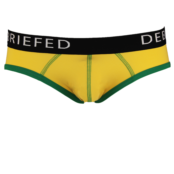 Yellow underwear with black waistband and green trim on a white background