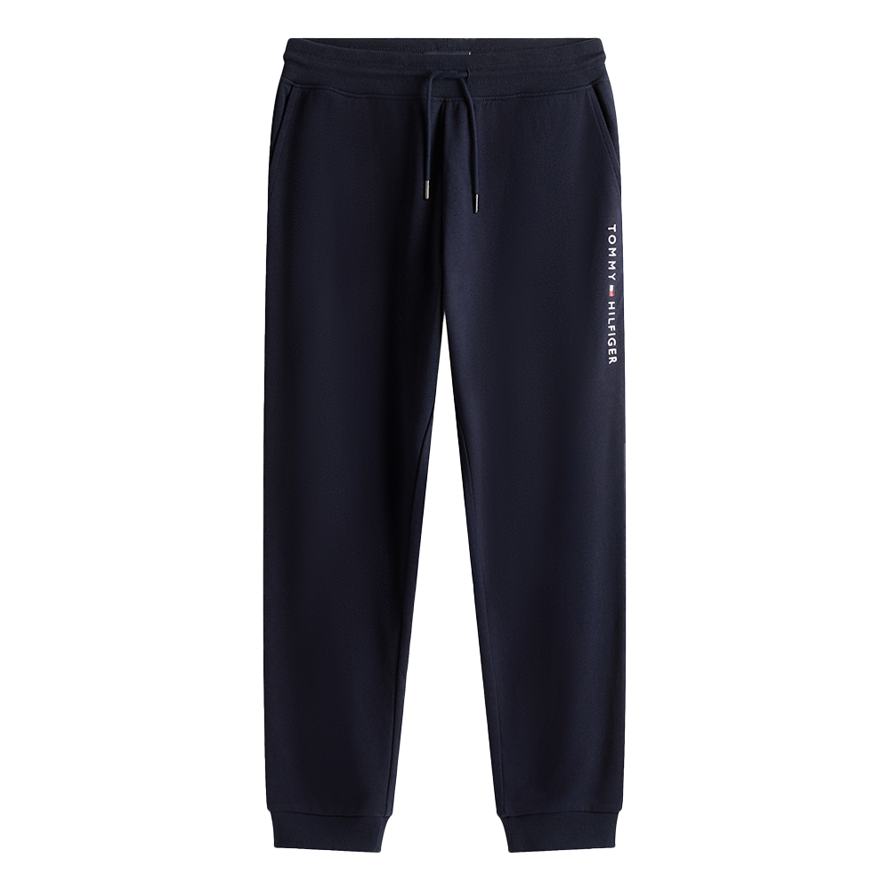 navy jogger pants with a brand logo on a white background