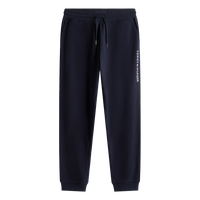 navy jogger pants with a brand logo on a white background