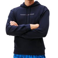 Navy hoodie with Tommy Hilfiger logo worn by a person on a white background